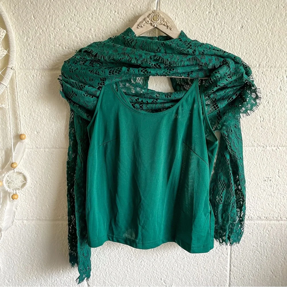 H&M Mock Neck Green Paisley Style Lace Blouse Top - Picture 5 of 7